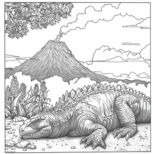 Godzilla peacefully sleeping near a volcano