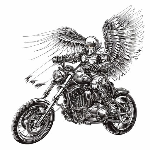 Biomechanical tattoo of Archangel Michael with a motorcycle, on white background