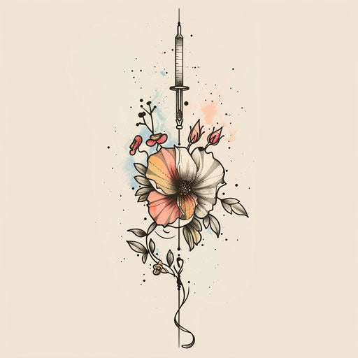 Whimsical single needle tattoo sketch with pastel floral accents