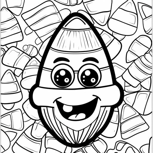 A whimsical cartoon candy corn with a smiling face and big eyes. Coloring book page
