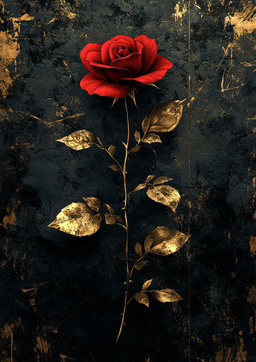 Red rose with golden leaves, aura of romance and elegance