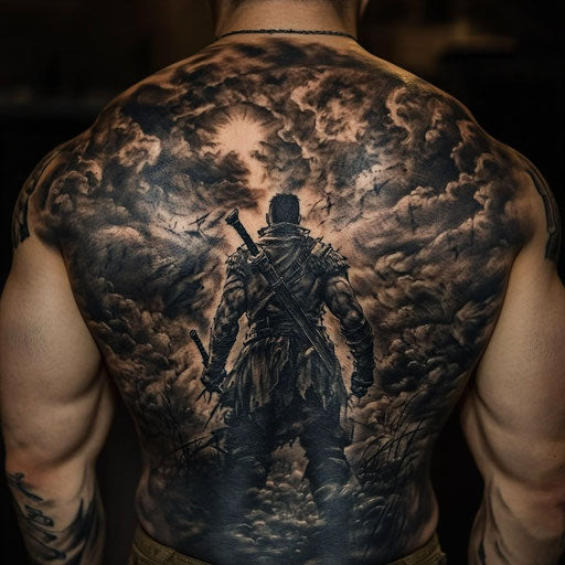 Back neck tattoo men in the style of David Palumbo lone warrior stormy sky