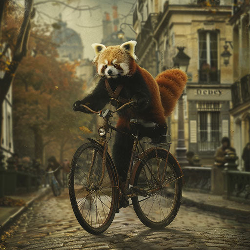 Red panda biking through cobblestone streets in Paris