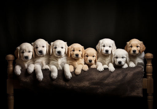 Golden retriever puppies in untrained style, dark white and dark green, dark white and light maroon, long distance and deep distance, dark white and dark gold