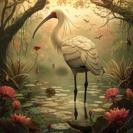Ibis bird in an artistic wetland landscape with intricate details