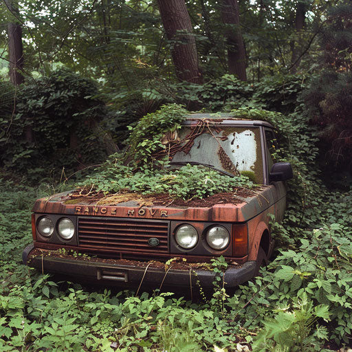 Rusty 1993 Range Rover repurposed in lush garden setting