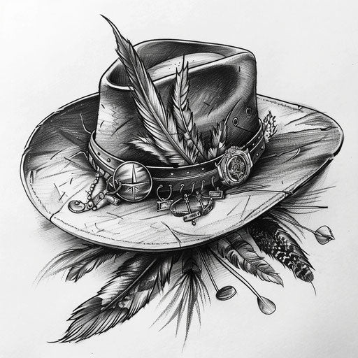 Flat tattoo sketch of an adventurer's hat with feathers and pins