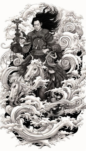 Man on horse, yokai style, intricate kimono, black and white