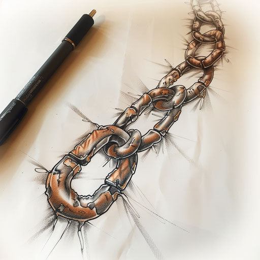 Vintage rusty chain tattoo design on a white sheet