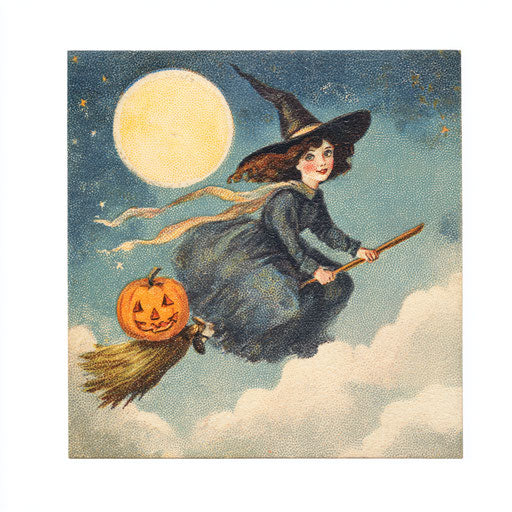 Whimsical witch flying under a starry sky