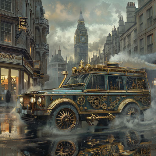 Steampunk vehicle in Victorian city