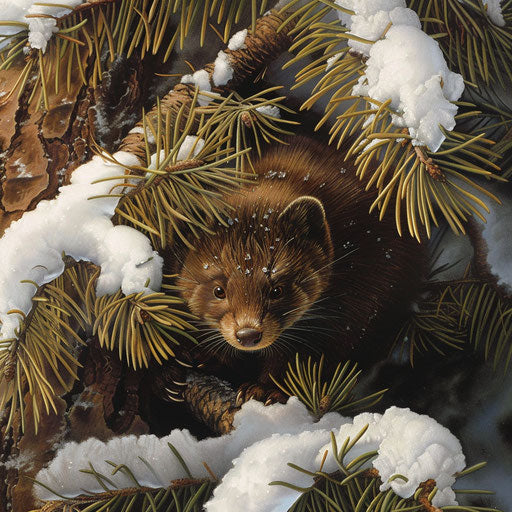 Wild mink cautiously emerging from den under snow-covered pine