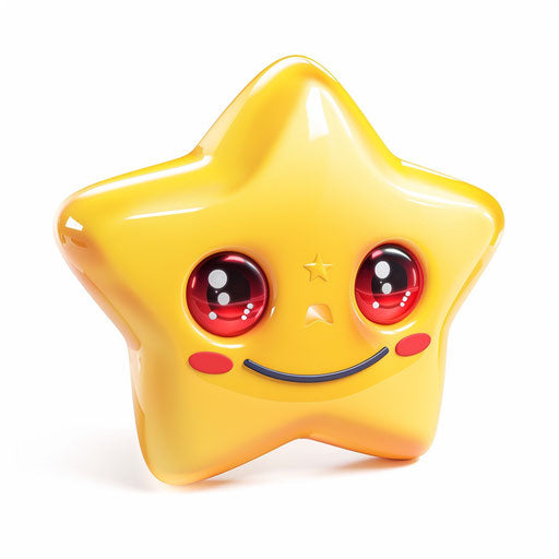 Yellow star with red eyes, smiling character on white background