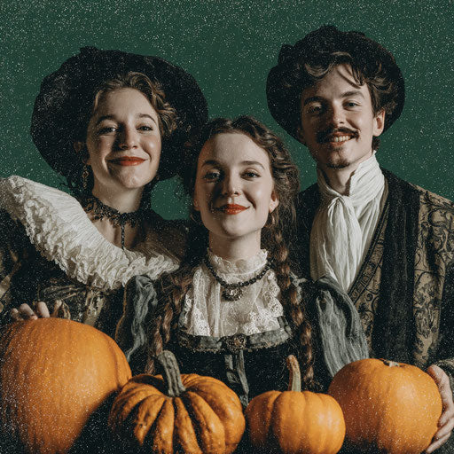 Halloween Costumes and Pumpkins in a Dark Setting