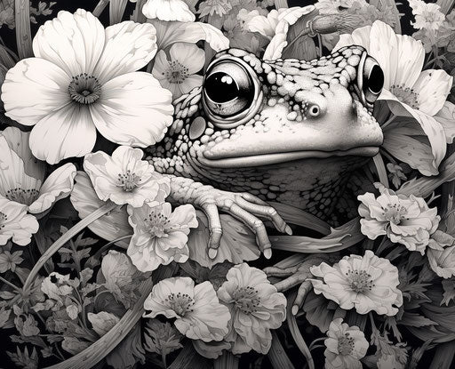 Frog drawn between flowers, monochromatic, realistic yet stylized, baroque-influenced