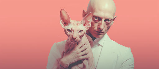 Sphynx cat held in front of man's arm, deconstructivist primitivist frenzy light pink and red 41:18