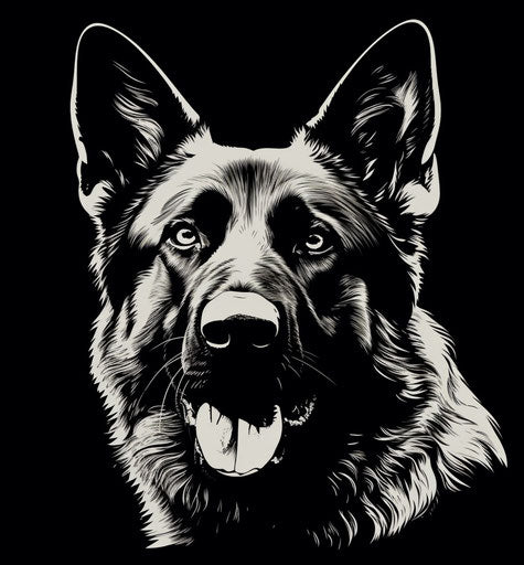 German shepherd dog head, graphic black and white captivating