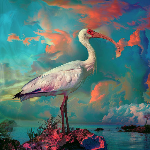 Ibis bird in a surreal landscape with vivid colors