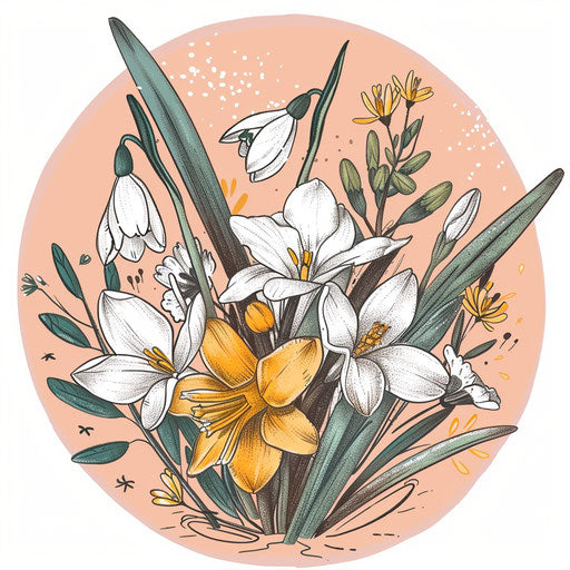Flat tattoo sketch of a birth flower bouquet with delicate snowdrops and freesias