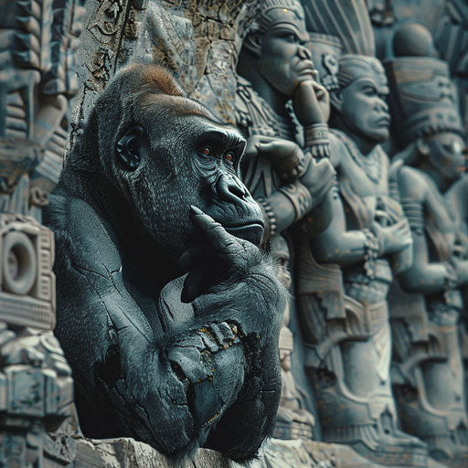 Gorilla contemplating, surrounded by ancient carvings