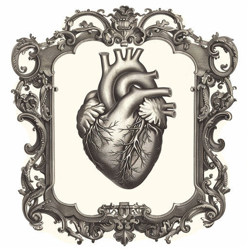Anatomical heart tattoo in vintage ornate frame on white