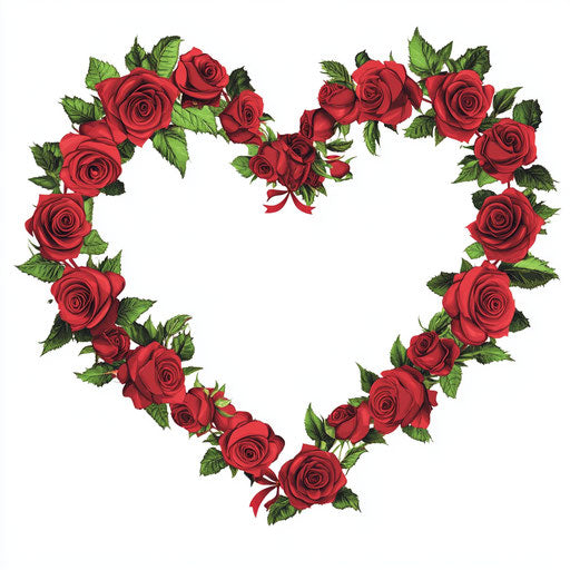 Heart-shaped wreath of red roses on white background