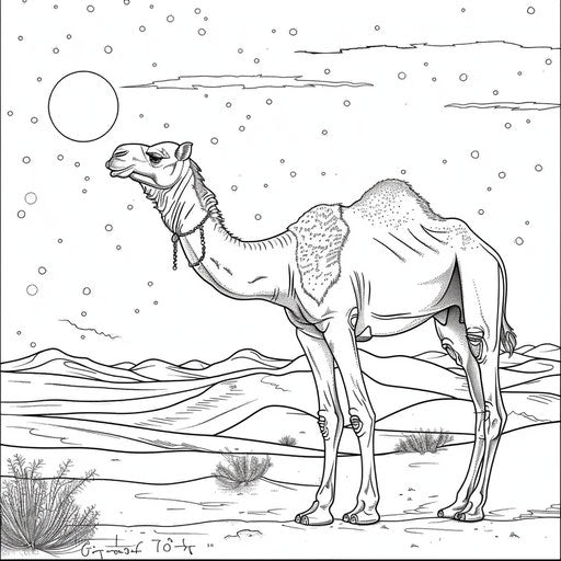 Camel under a moonlit desert sky