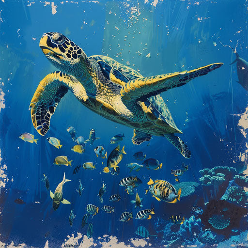 Hawksbill sea turtle diving among school of fish