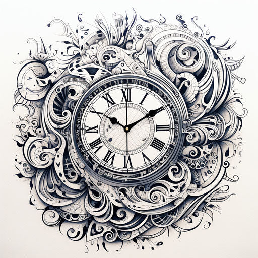 Ornate clock, intricate pen illustrator style, flowing surrealism