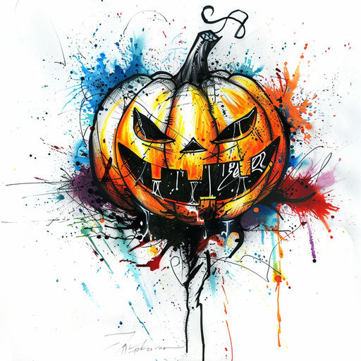Edgy tattoo sketch of a pumpkin with graffiti splatters and street art influences