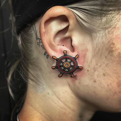 Ear tattoos in the style of Sailor Jerry with a ship's wheel