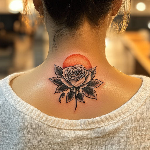 Rose neck tattoo, David Palumbo style, rose blooming under sunset