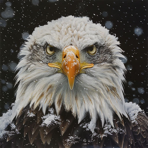 Bald eagle portrait with snowy feathers, in the style of Frans Lanting