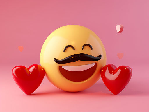 Yellow smiley face with mustache and hearts on pink