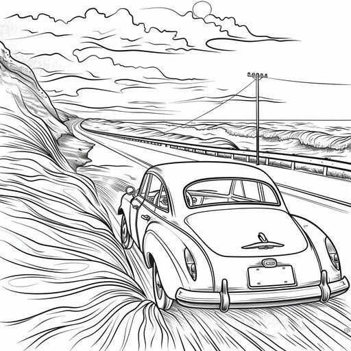 Car on coastal road with waves - Coloring book page