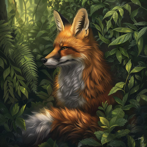 Red fox in a lush forest, vibrant and detailed