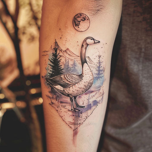 Tranquil flat tattoo sketch of goose with gentle watercolor effects