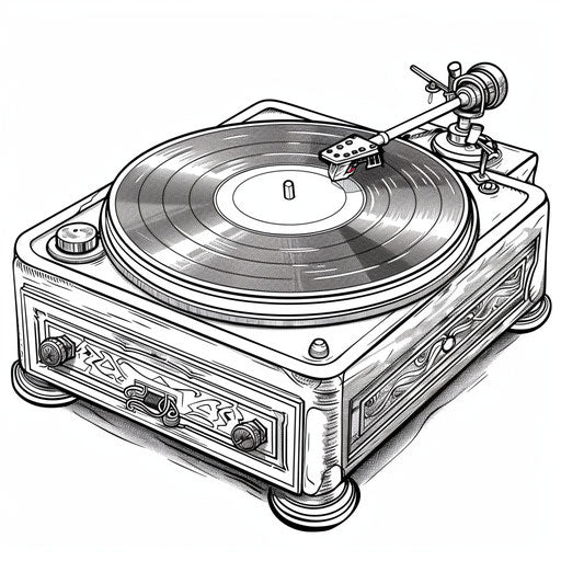 Vintage record player with spinning vinyl record. Coloring book page