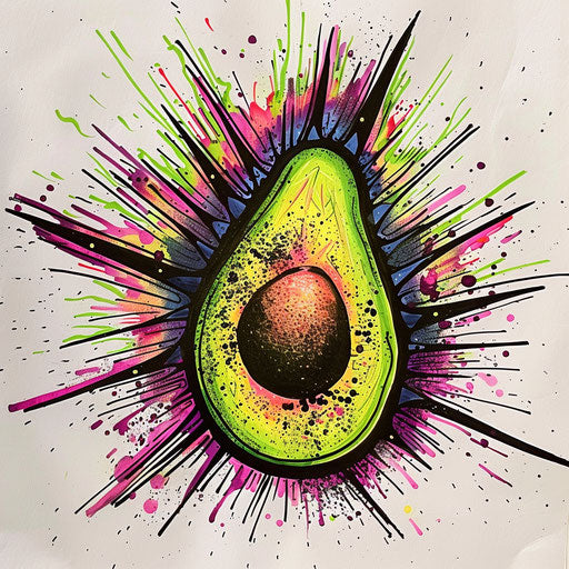 Dynamic flat tattoo sketch of an avocado with neon explosion pattern