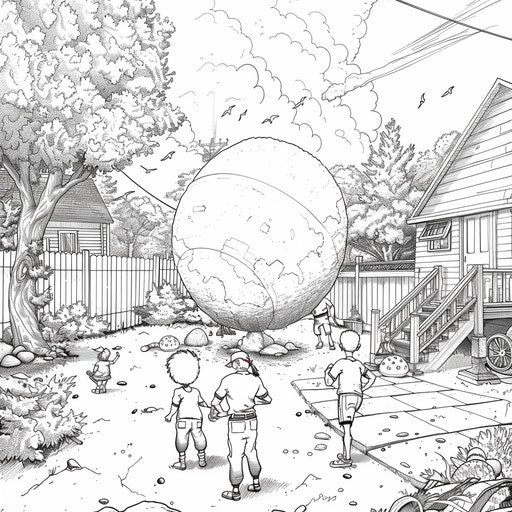 Kids playing with a giant ball in a backyard