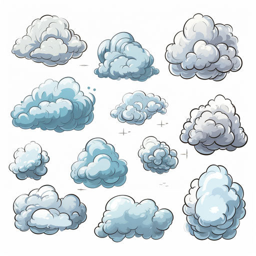 Cartoon clouds in the style of Chiaroscuro Art, on white background