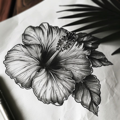 Detailed black and grey ink sketch of a hibiscus flower on white background