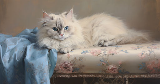 The feline companion, light beige and blue style, somber mood, soft and dreamy, high definition, light silver and dark brown, white and pink 19:10