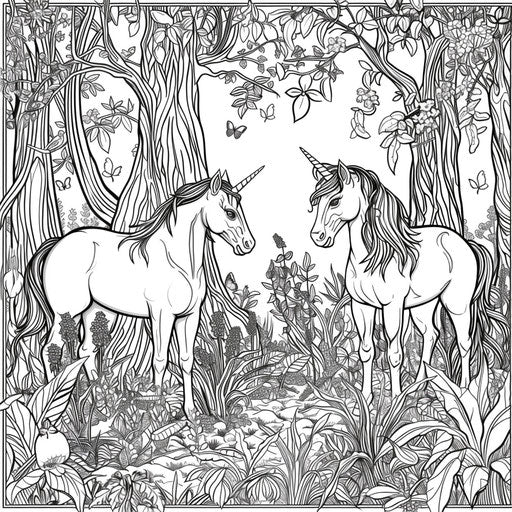 Enchanted forest with unicorns and magical plants