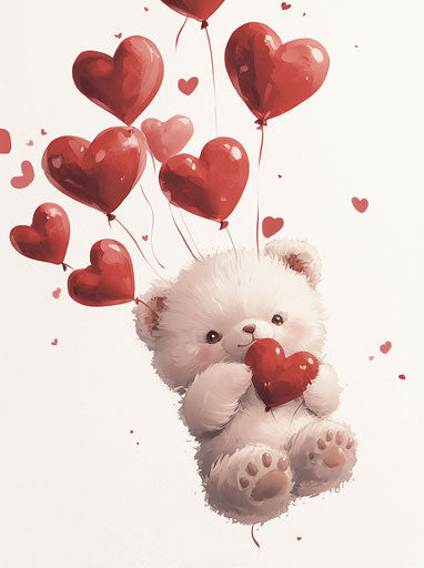 Adorable teddy bear surrounded by heart-shaped balloons