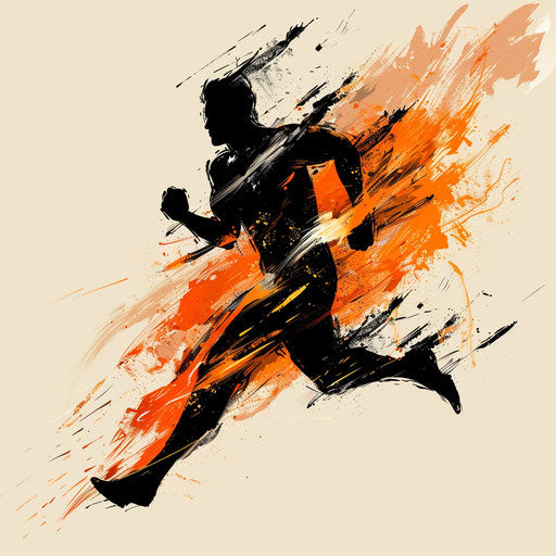 Dramatic sketch of a sprinter silhouette with blazing trail, fiery orange and black, clipart style