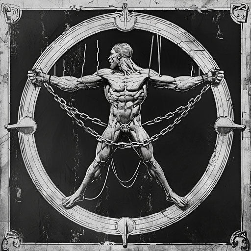 Vitruvian Man breaking chains, symbolizing freedom