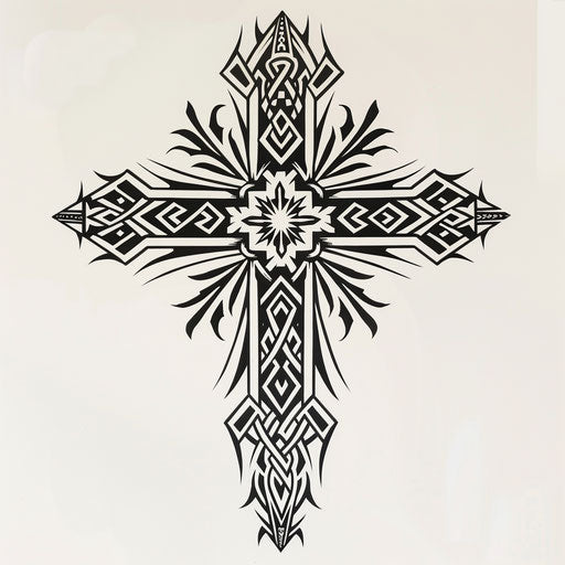 Stylized tattoo sketch of the Cruz with bold tribal patterns