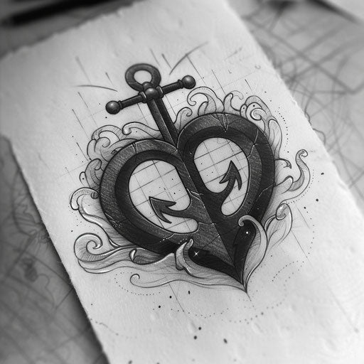 Maritime tattoo of a black heart with anchor and waves