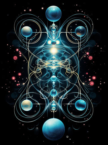 Blue atoms tattoo design in magenta and aquamarine style